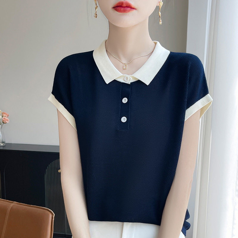 拼色天丝针织POLO领短袖T恤女洋气撞色T恤宽松2025夏季薄款上衣