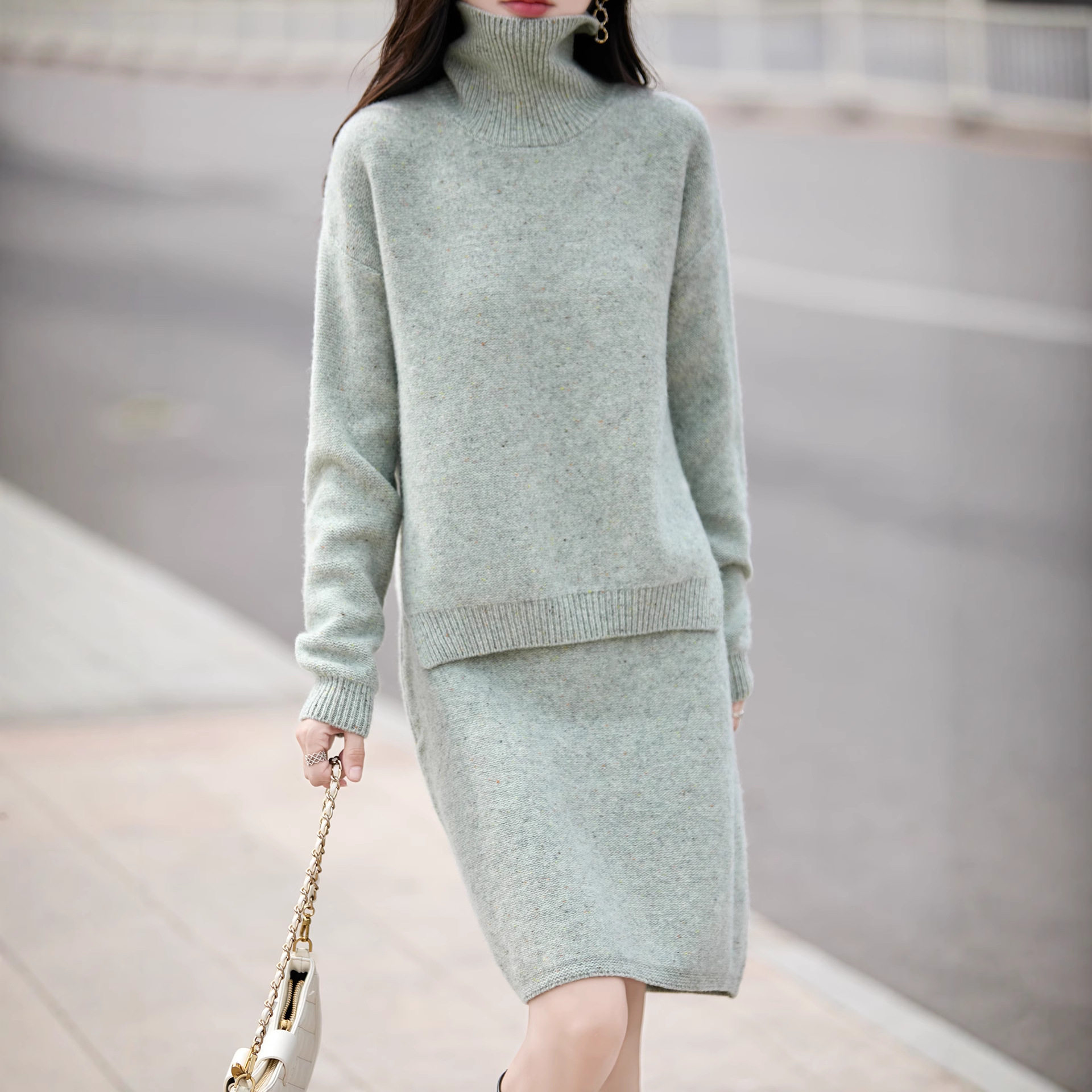 秋冬时尚羊毛套装女高翻领针织半身裙2025休闲显瘦两件套针织裙女