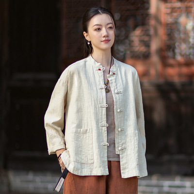 新中式棉麻女2026长袖开衫外套国