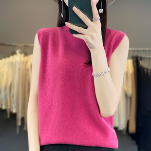 一线成衣半高领羊毛背心女无袖打底衫秋季黑色打底衫宽松针织上衣