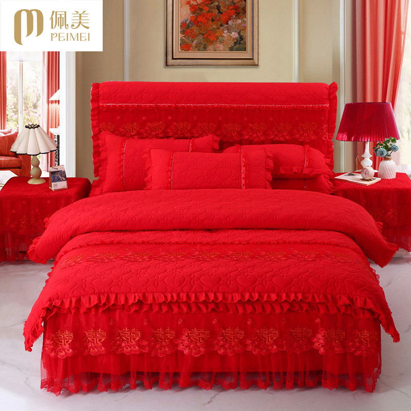 韩版公主蕾丝夹棉床裙四件套床罩床套大红色结婚喜庆1.8米2m套件