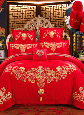 高档结婚庆大红色纯棉全棉床裙款式床盖罩床单1.5 1.8m 2米四件套