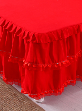 结婚喜庆大红色公主蕾丝床裙三件套单件床罩装饰床套1.5m1.8m2米