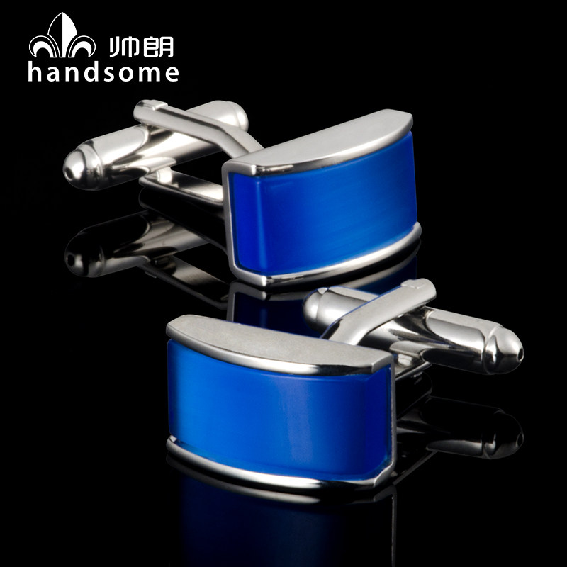 宝蓝色玛瑙长方形弧面袖扣袖钉男士正装法式衬衫袖口扣Cufflinks