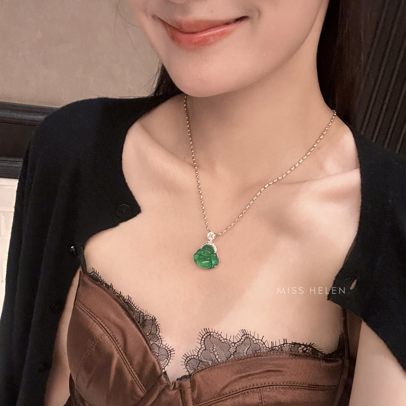 MISS HELEN珠宝精工国风「佛公」S925银项链女天然绿玉髓吊坠锆石