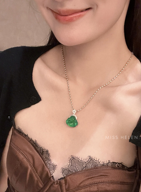 MISS HELEN珠宝精工国风「佛公」S925银项链女天然绿玉髓吊坠锆石