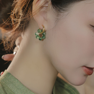水藻綠玉髓耳圈復(fù)古無耳洞耳夾中式 女耳飾耳環(huán)無痛不掉蚊香盤耳釘
