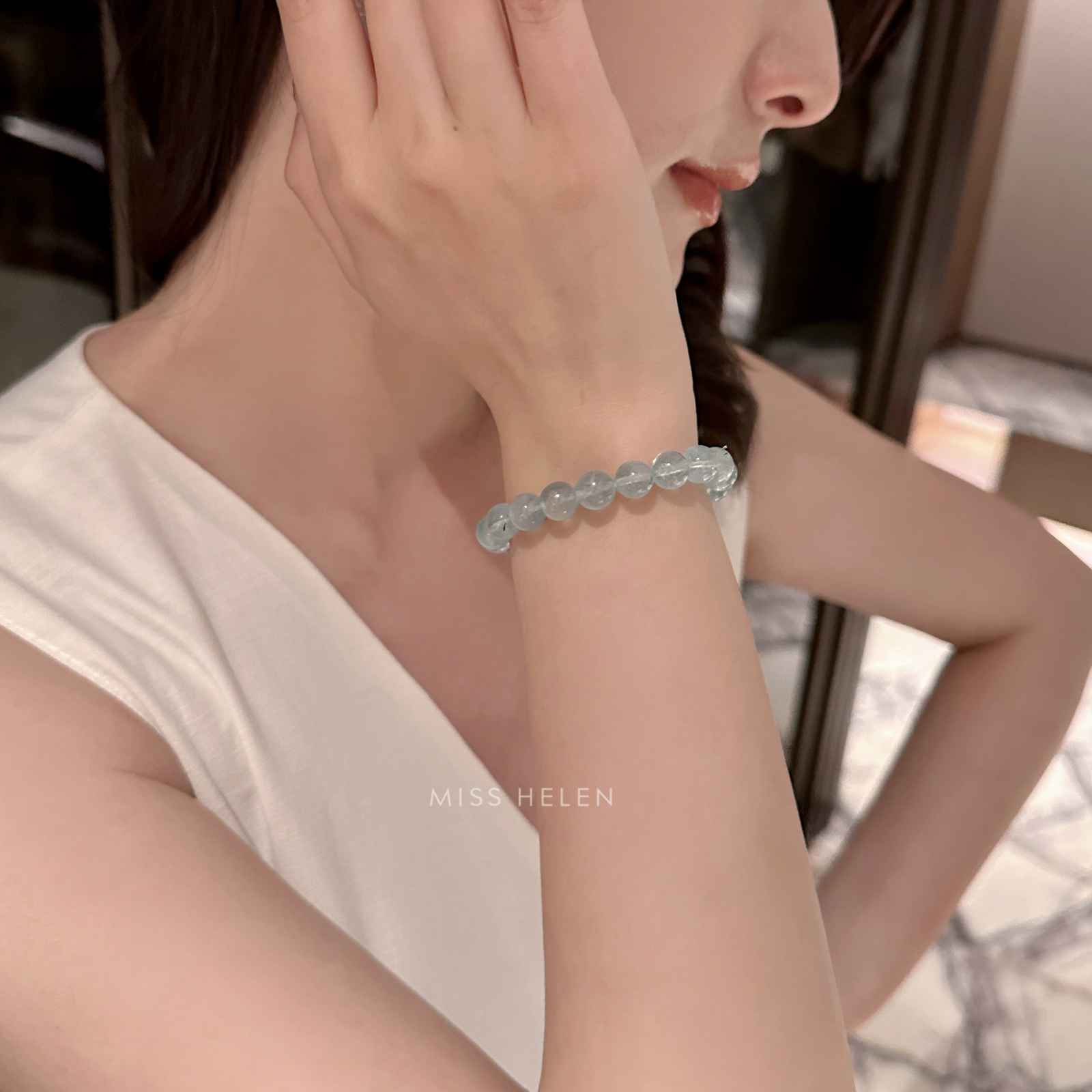 海蓝宝单圈手链女水晶手串送礼物