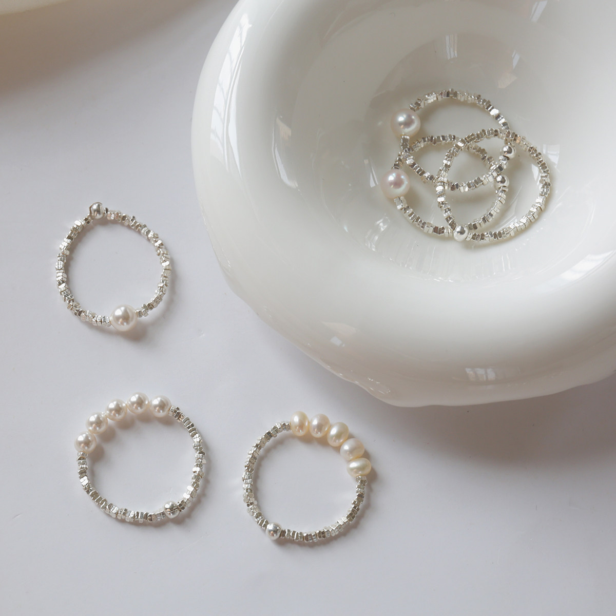 五福天然珍珠碎银子戒指素圈单颗