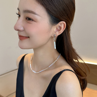 MISS 流白小银条天然牙签珍珠耳夹女耳钉长条巴洛克耳坠冬 HELEN