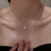 简约王妃高档澳白水晶仿珍珠吊坠S925碎银子项链女原创锁骨链轻奢