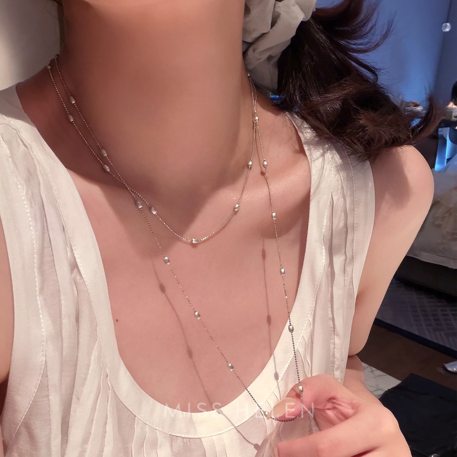 MISS HELEN 拉丝银豆满天星S925银项链长短款可叠戴锁骨链