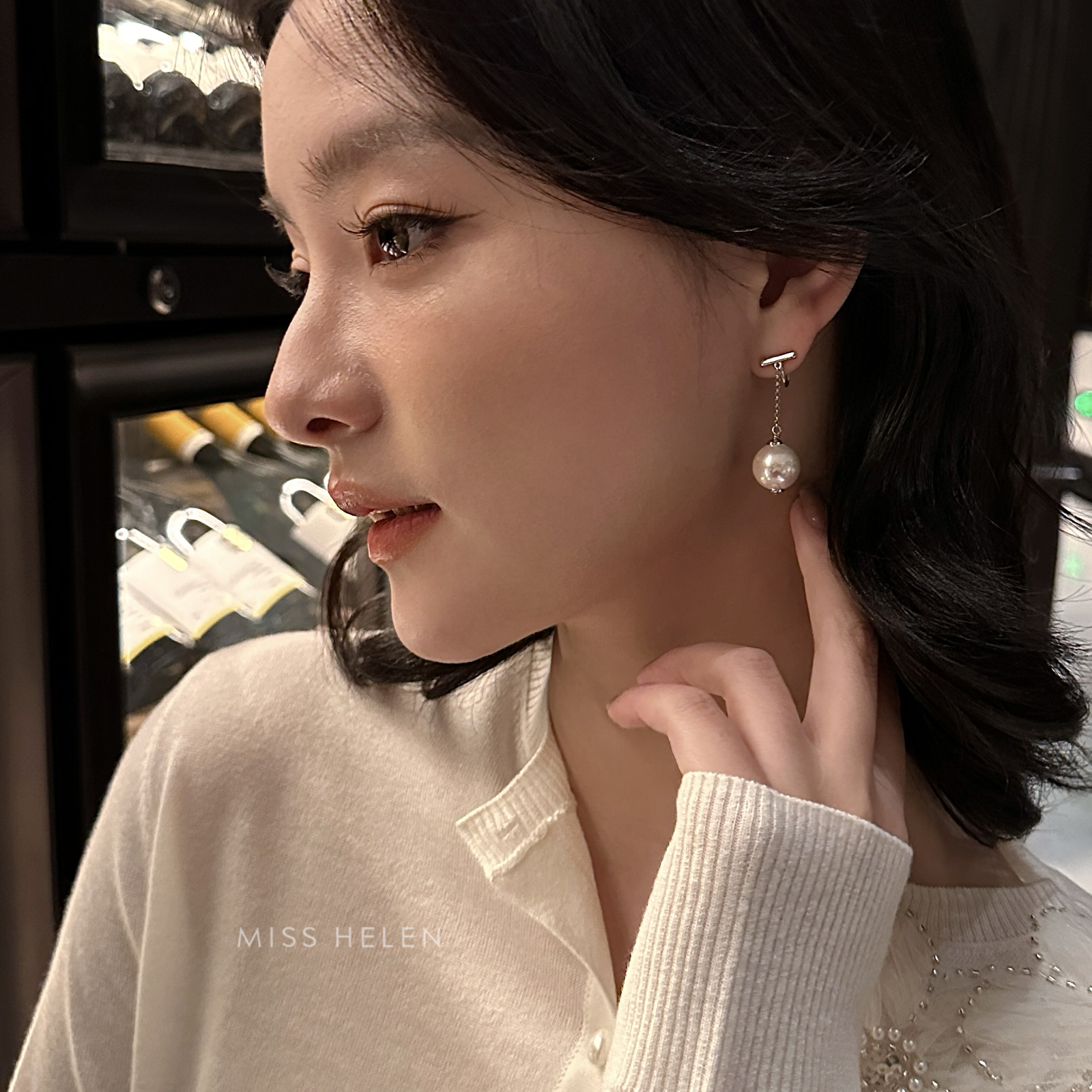 MISS HELEN一字爱迪生」12-13mm爱迪生珍珠耳钉耳夹女灵动耳坠新