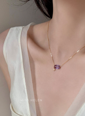 S925银项链好运串珠锁骨链紫水晶