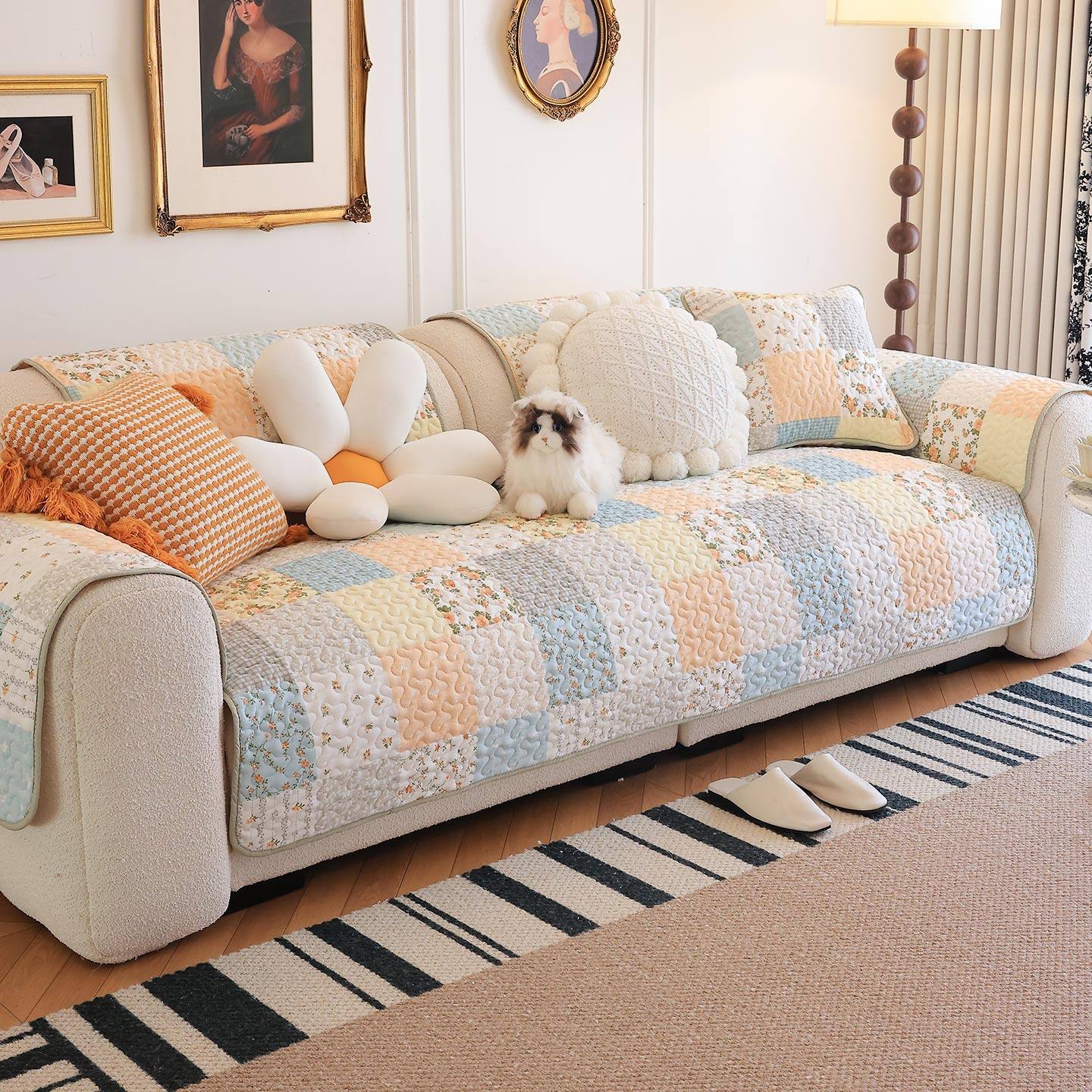 法式田园风拼布沙发垫防滑四季通用沙发套罩巾客厅简约轻奢坐垫子