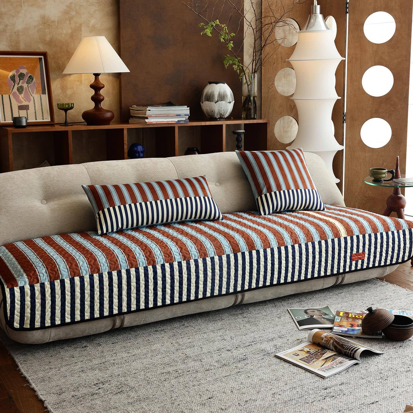 2025新款秋冬棉绒沙发垫高级感加厚坐垫防滑中古条纹沙发盖布套罩,居家布艺,沙发垫,淘宝优惠券,粉丝福利购,淘宝优惠卷