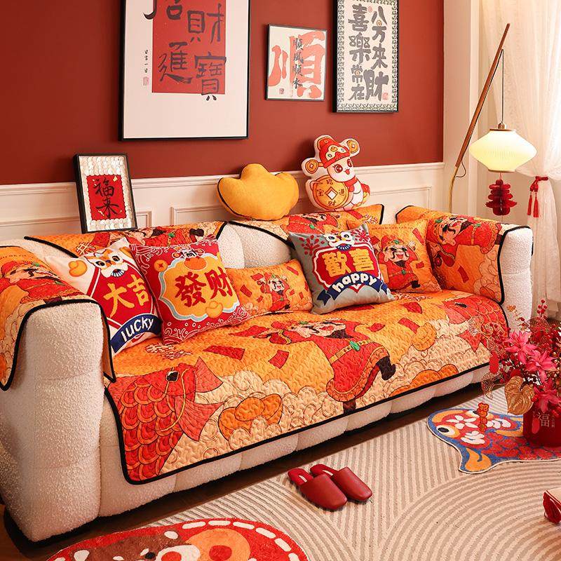 2025新款过年迎财神沙发垫四季通用喜庆布艺坐垫中国风客厅套罩巾,居家布艺,沙发垫,淘宝优惠券,粉丝福利购,淘宝优惠卷