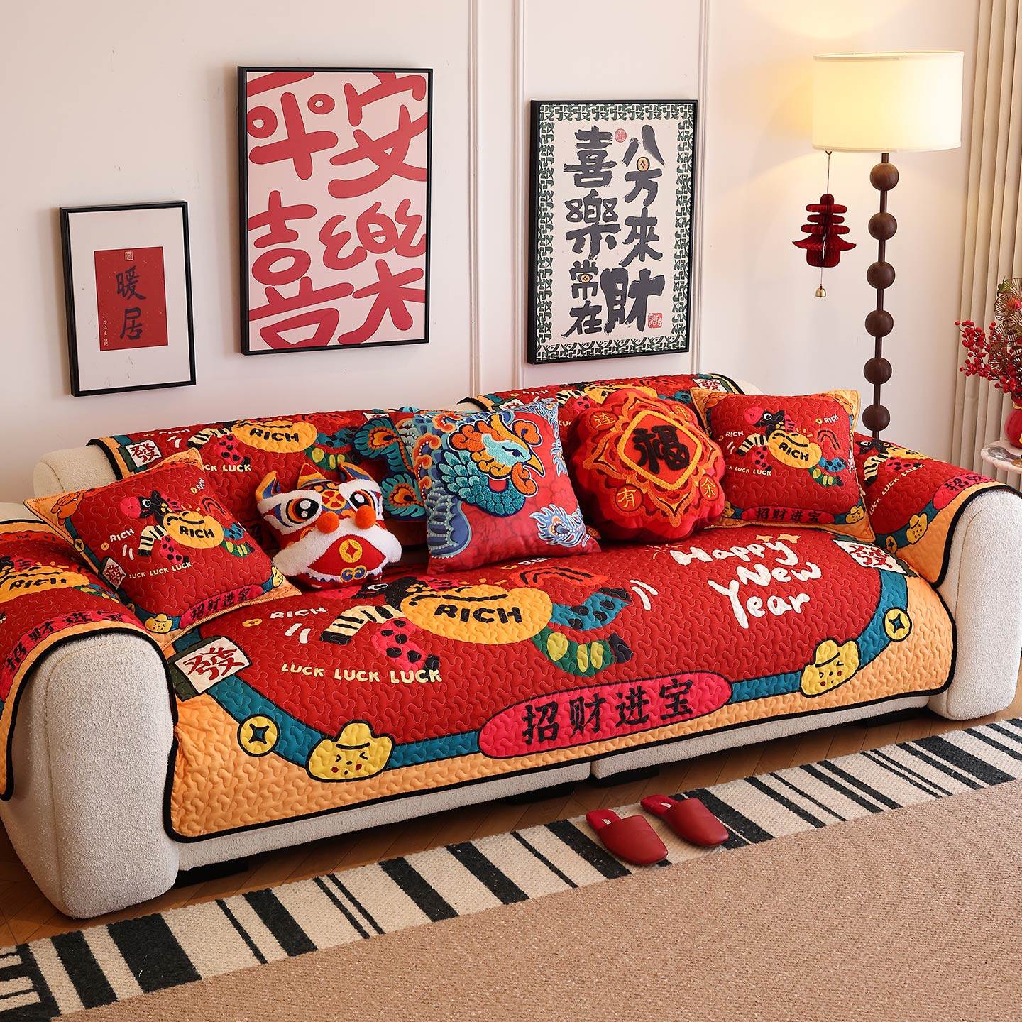 新年喜庆沙发垫四季通用红色氛围感防滑沙发巾盖布马年国潮坐垫套,居家布艺,沙发垫,淘宝优惠券,粉丝福利购,淘宝优惠卷