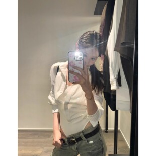 显身材上衣POLO翻领百搭假两件连体衬衫 秋季 修身 收腰抽褶长袖 衬衫