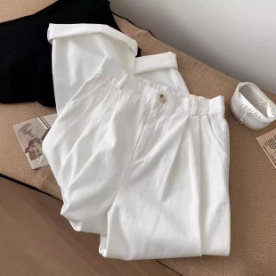 女夏设计感小个子直筒阔腿裤 高腰白色休闲裤 韩系时尚 巨遮胯显瘦