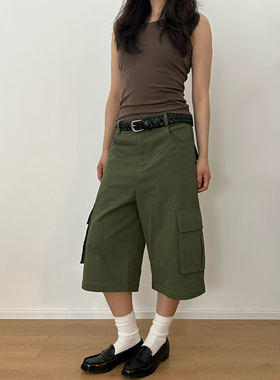 美式军绿色工装裤女夏季短裤设计两穿高腰宽松阔腿休闲七分裤夏季
