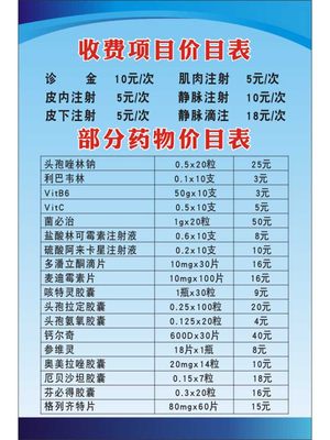 医院诊所收费项目药物价目表海报