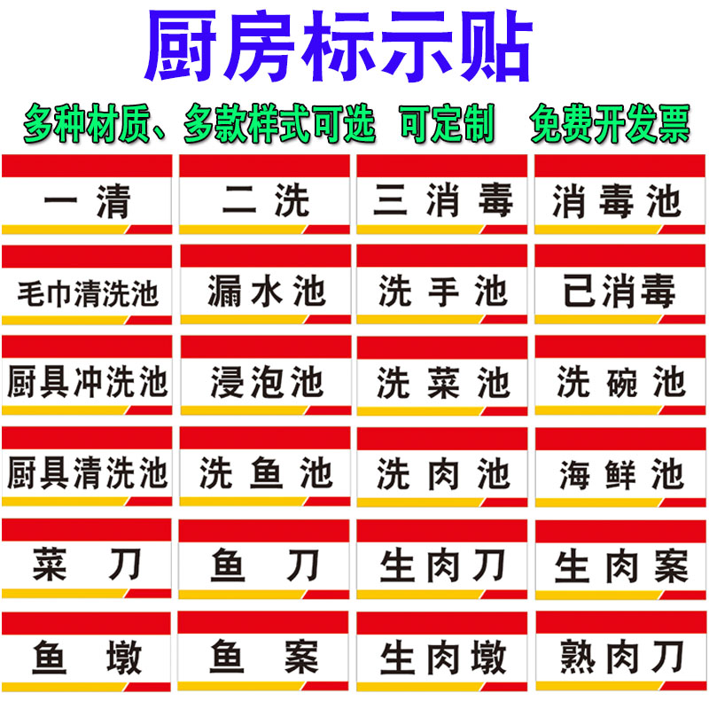 餐厅饭店厨房4d管理标识牌卫生检查一清二洗三消毒标
