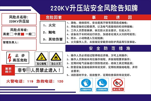 M771升压站220KV安全风险告知牌安全防范措施挂贴图海报印制2227