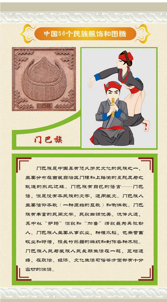 762海报印制展板写真832中国56个少数民族服饰图腾简介之4门巴族