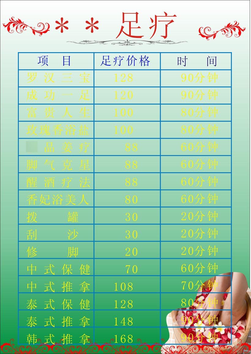 623办公装饰海报展板墙贴纸写真喷绘挂壁画素材879足疗价目表(2)