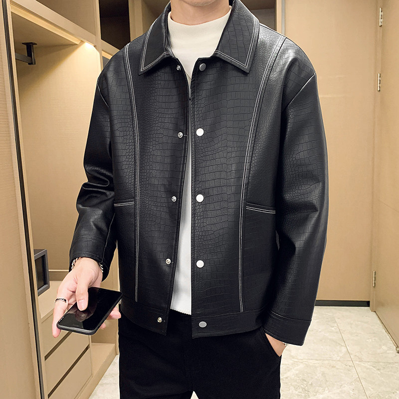 男士新款美式皮夹克鳄鱼纹青年亮皮休闲短款翻领皮外套潮流时尚