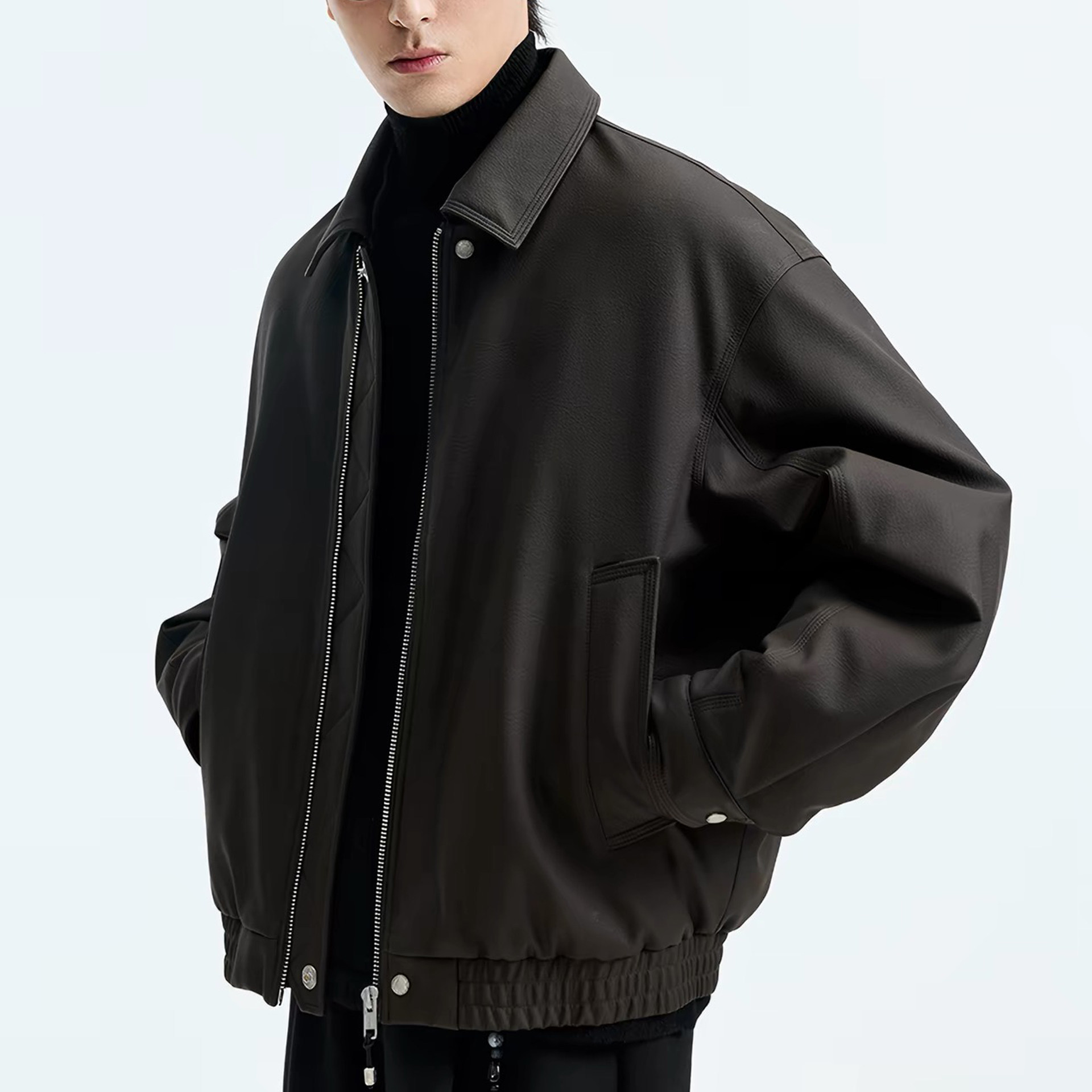冬季翻领轻薄90绒羽绒服男机车皮衣休闲短款保暖外套廓形加厚夹克