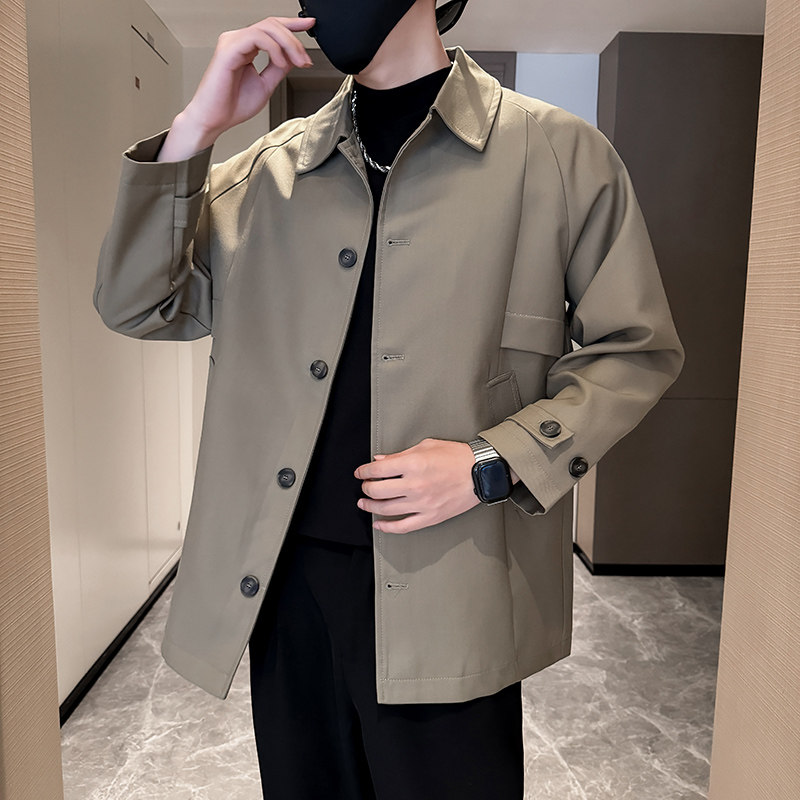 休闲潮卡其色马肯翻领短款风衣男2026秋季新款韩版轻熟风休闲外套