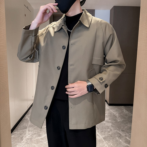 休闲潮卡其色马肯翻领短款风衣男2026秋季新款韩版轻熟风休闲外套