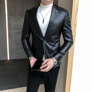 秋季高级感鳄鱼纹皮西装男设计感潮牌韩版炸街PU皮机车外套网红潮
