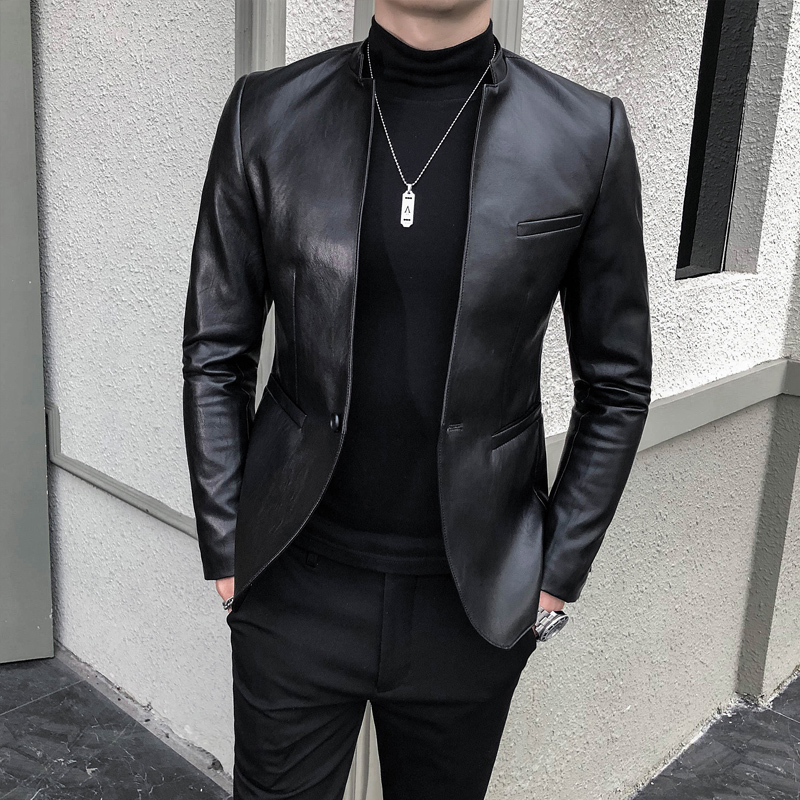 小西装男春秋季修身痞帅皮衣外套西服休闲冬款加绒立领皮夹克男装