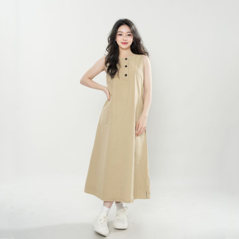 夏季新款【腔调】卡其色背心连衣裙女慵懒显瘦大裙摆工装裙森系风