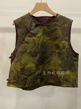 欧洲站2025秋季新款百搭圆领侧盘扣重工提花人丝无袖马甲21293