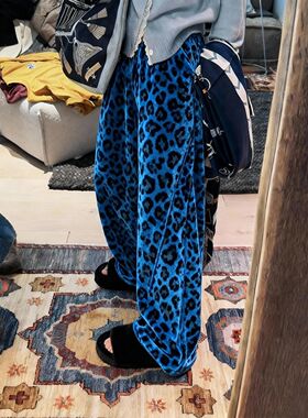 欧货高级感蓝色豹纹丝绒休闲裤女2025年新款时尚潮流垂坠感阔腿裤