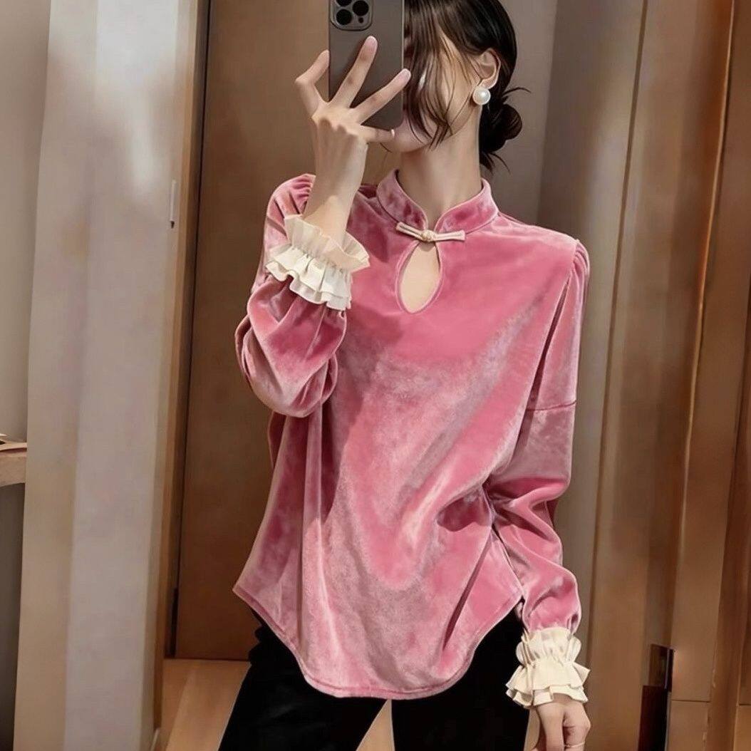 新中式蜜桃粉色丝绒衬衫秋冬内搭外穿打底衫国风改良汉服盘扣上衣