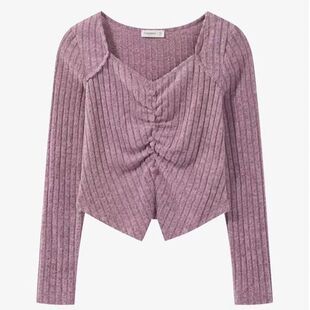 羊城故事 V领捏褶百搭长袖毛针织衫女早秋不规则设计修身显瘦上衣