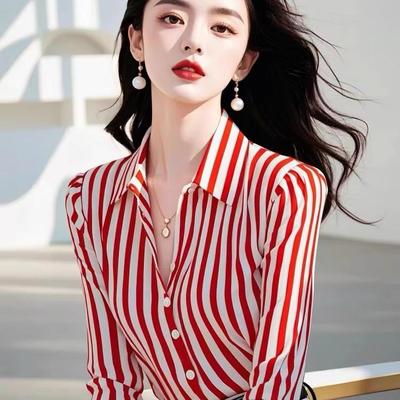 红色条纹长袖衬衫秋装女款2025年新款时尚洋气时髦爆款早秋季上衣