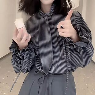 hers复古简约条纹长袖衬衫女2025春秋新款宽松设计感系带气质衬衣