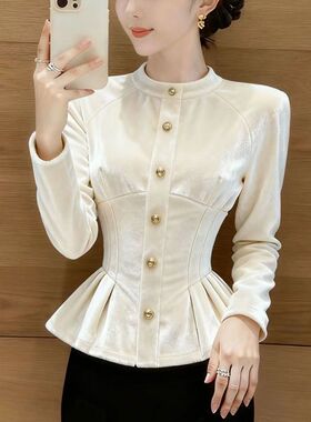 法式气质白色立领丝绒长袖衬衫女2025秋季新独特漂亮气质掐腰上衣