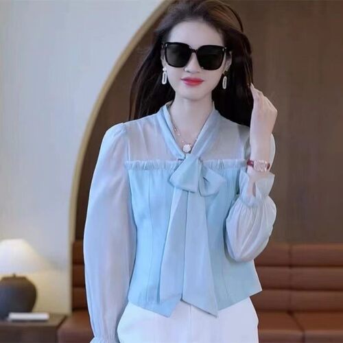 2025春秋新款蝴蝶结雪纺衬衫长袖女遮肉修身显瘦时尚洋气百搭衬衣
