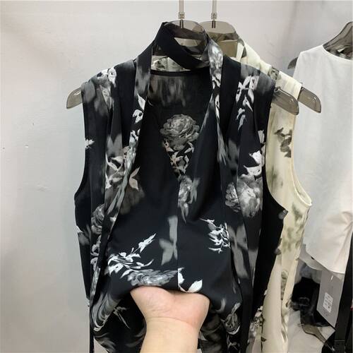 欧版宽松显瘦V领印花无袖雪纺背心女夏新款薄款洋气拼接飘带小衫