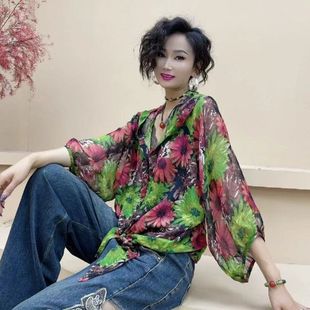 寬松長袖 上衣夏天女款 襯衫 燈籠袖 印花連帽雪紡防曬衣女2025新款 夏