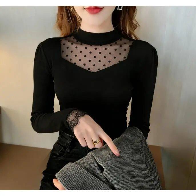 法式黑色半高领蕾丝波点长袖T恤女2026秋冬新款洋气减龄打底上衣