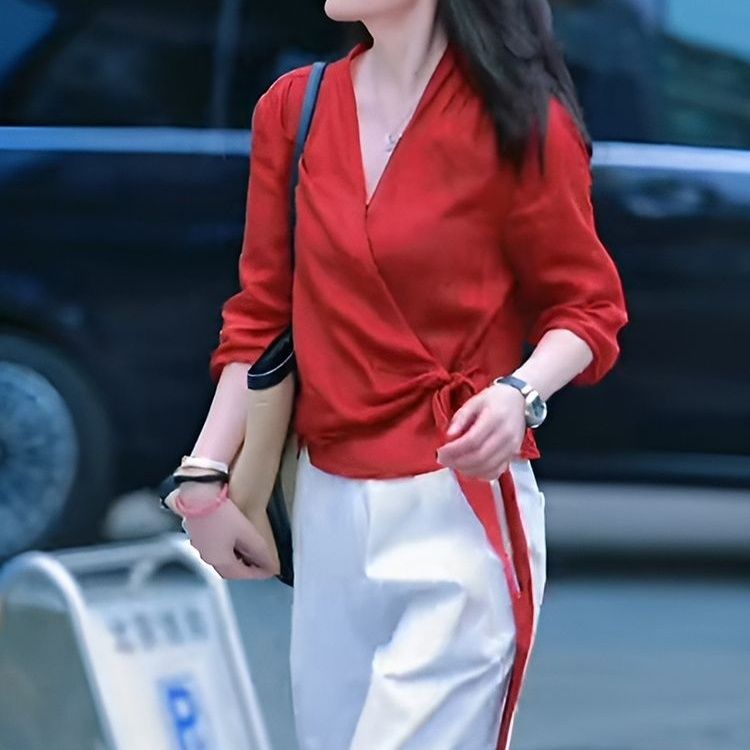 文艺复古通勤气质防晒衬衫女夏2025新款V领系带显瘦休闲大码上衣