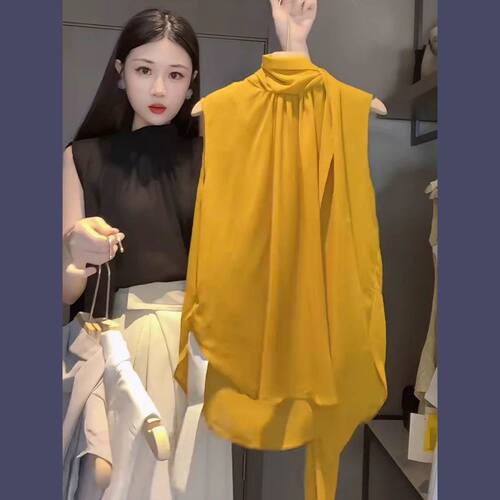 法式飘带无袖衬衫女2025夏季新款高级感时尚气质丝滑冰丝立领衬衣